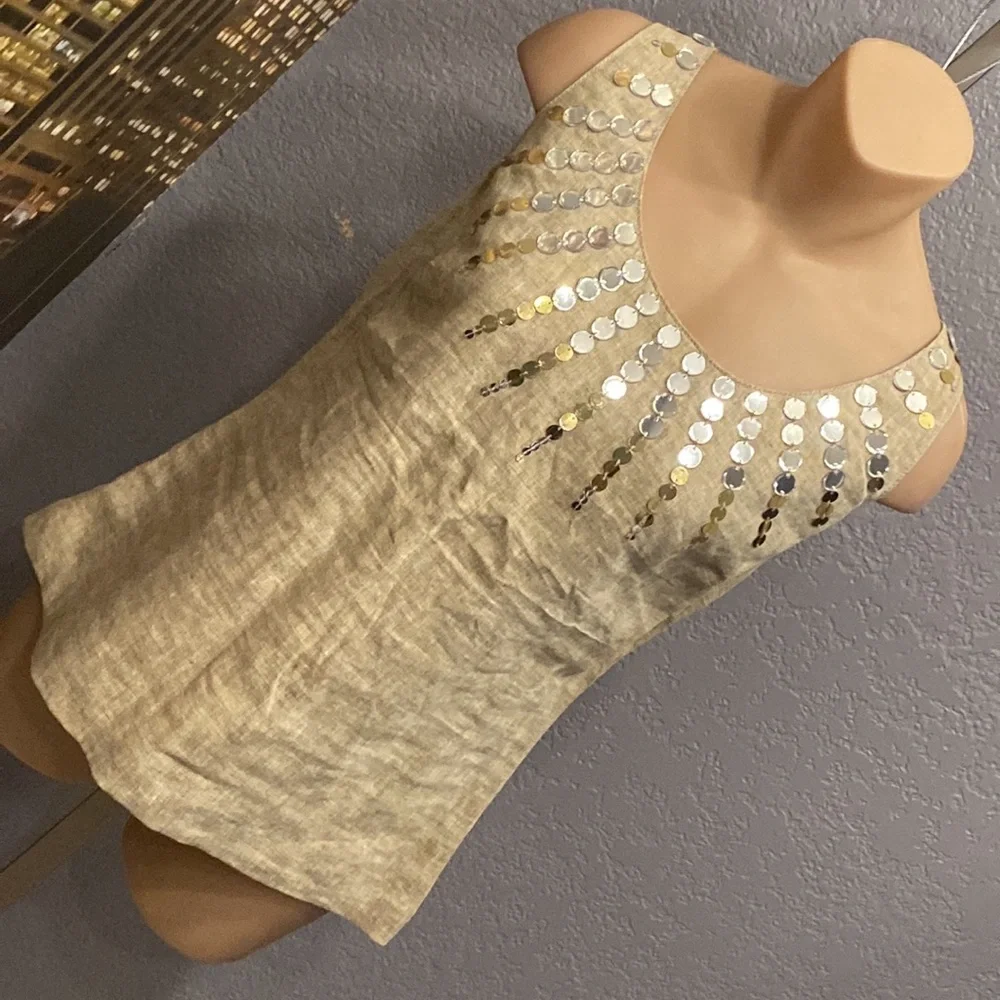 TORY BURCH - linen tank tunic w little mirror discs surrounding neck, zip - 8 - Picture 16 of 16